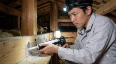 天井裏でヘッドライトを着用したネズミ駆除のプロ（日本人男性作業員）が、真剣な表情で、金網とコーキングガンを使い小さな侵入口を完全に封鎖する作業を行っている様子。