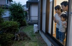 北九州市小倉北区の住宅の窓から、庭に現れたアライグマを慎重に見守る日本人家族の様子。野生動物に近づかない安全な初期対応を表現。