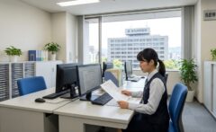 北九州市役所（小倉北区城内）の「産業経済局 鳥獣被害対策課」の窓口で、日本人女性職員が市民からのアライグマ捕獲許可申請書を確認している様子。行政の公式相談体制を表現。