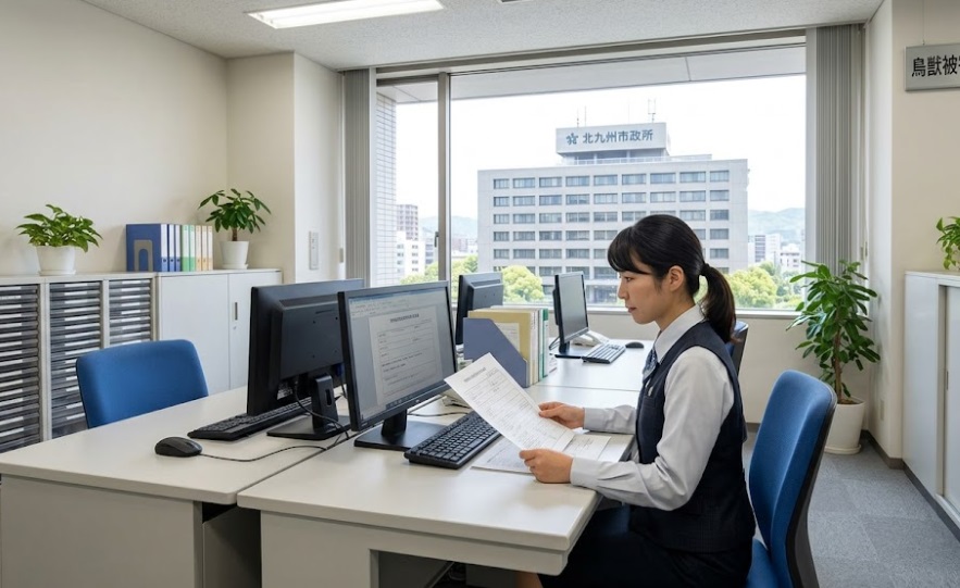 北九州市役所(小倉北区城内)の「産業経済局 鳥獣被害対策課」の窓口で、日本人女性職員が市民からのアライグマ捕獲許可申請書を確認している様子。行政の公式相談体制を表現。