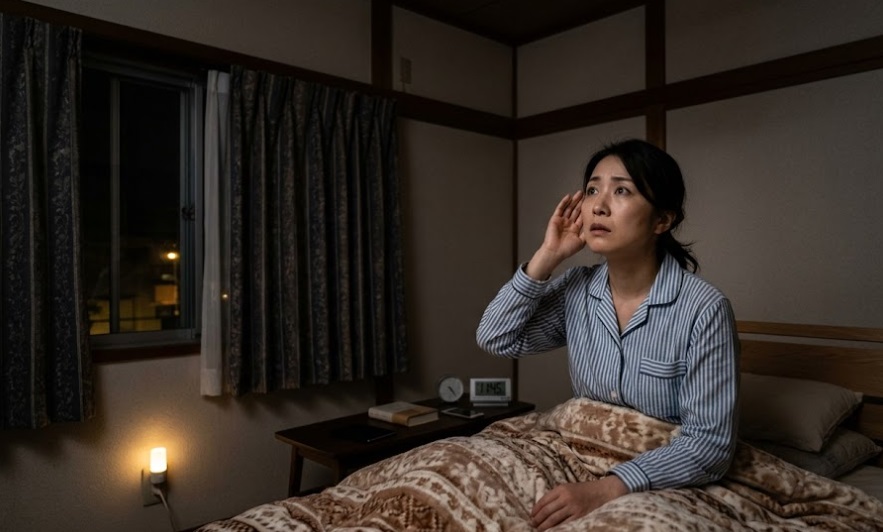 夜、寝室で天井からの物音に不安を感じ、耳を澄ませる日本人女性