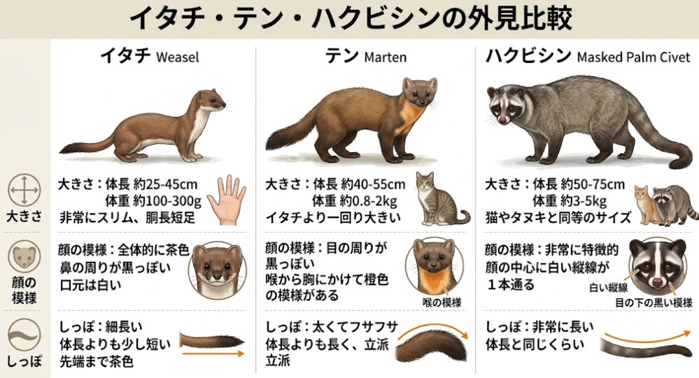 イタチ、テン、ハクビシンの外見的特徴（大きさ、顔の模様、しっぽ）を比較した視覚資料