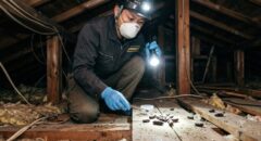 天井裏でマスクと手袋を着用し、懐中電灯で害獣のフンを調査する専門家