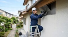 建物の軒下にパンチングメタルを取り付け、害獣の侵入口を封鎖する日本人技術者