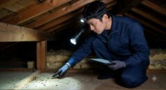 福岡県門司区の一戸建てで、天井裏をヘッドライトで照らしながら真剣にネズミの形跡を調査するネズミ駆除専門業者の様子。