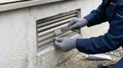 一戸建て住宅の床下通風口に金網と専用パテを取り付け、ネズミの侵入経路を完全に塞ぐ防鼠工事（ぼうそこうじ）を行うプロの業者の手元。