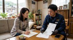福岡県北九州市門司区のご自宅リビングで、ネズミ駆除専門業者から現地調査の結果に基づいた無料見積もりの説明を熱心に聞く女性。