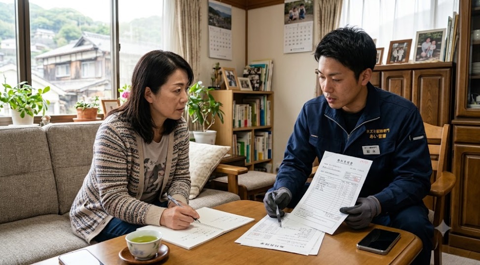 福岡県北九州市門司区のご自宅リビングで、ネズミ駆除専門業者から現地調査の結果に基づいた無料見積もりの説明を熱心に聞く女性。