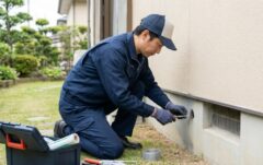 家の外壁にあるわずかな隙間（ネズミの侵入経路）を特定し、防鼠金網で塞ぐプロの駆除業者。