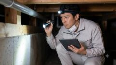 日本の住宅の床下で、ヘッドランプを点けて懐中電灯で入念にネズミの形跡を調査するプロの日本人スタッフ。