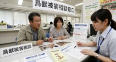 市役所の「鳥獣被害相談」窓口で、イタチ被害について職員に相談する日本人夫婦の様子。行政の支援範囲を確認している。