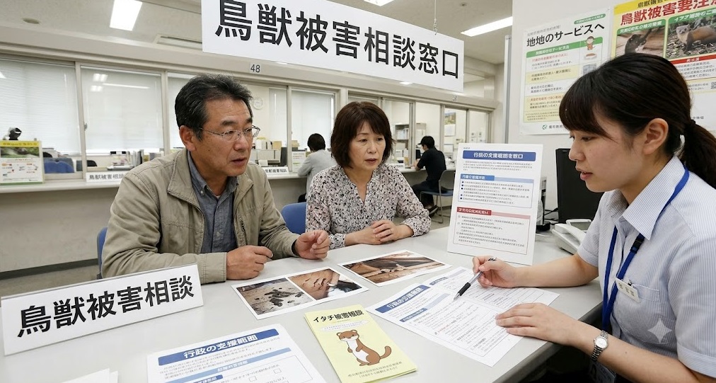 市役所の「鳥獣被害相談」窓口で、イタチ被害について職員に相談する日本人夫婦の様子。行政の支援範囲を確認している。