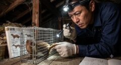 薄暗い屋根裏で、捕獲器に入ったイタチの種類と性別を判別しようとする、ヘッドライトをつけた日本人駆除作業員。プロでも難しい判別作業の様子。