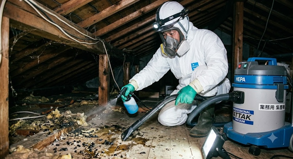 完全防護服を着用した日本人作業員が、薄暗い屋根裏でイタチの糞尿被害箇所を専用掃除機と薬剤で徹底的に清掃・消毒している様子。プロの確実な技術を示す。
