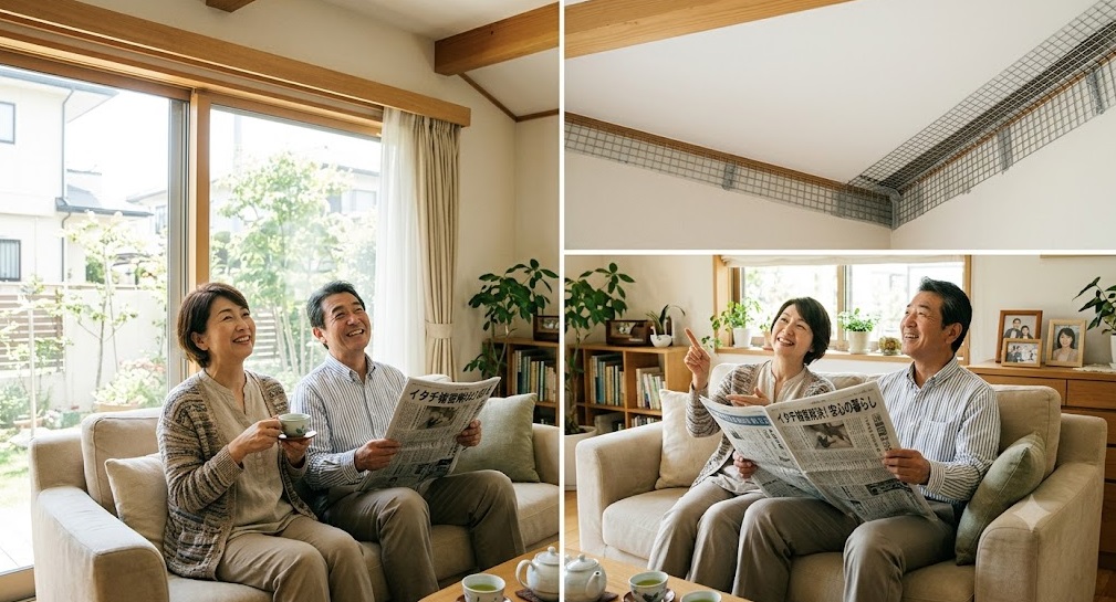 イタチ被害が解決し、明るいリビングで安心した表情でくつろぐ日本人夫婦。天井はきれいに修復され、侵入口も完全に封鎖されている。