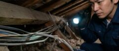 天井裏でネズミにかじられた電気配線の漏電リスク箇所を発見し確認する作業員