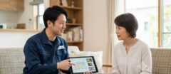 リビングで顧客に調査報告書と見積もりをタブレットを使って誠実に説明する害獣駆除業者