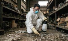 倉庫で防護マスクとゴーグルを着用し、ハトのフンを消毒液で湿らせる日本人作業員