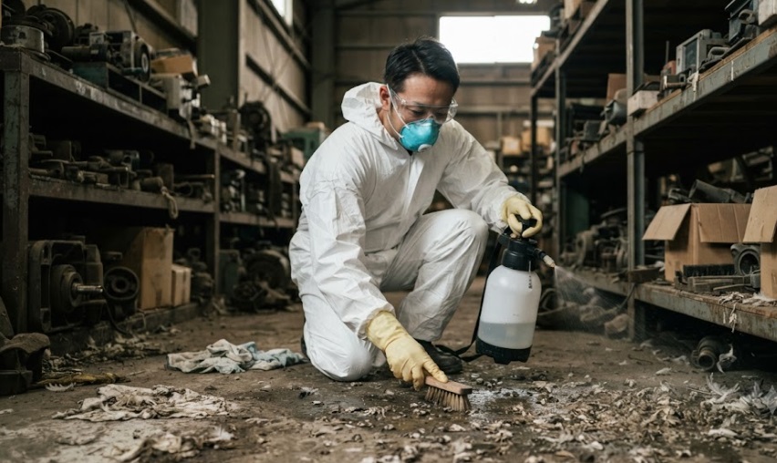 倉庫で防護マスクとゴーグルを着用し、ハトのフンを消毒液で湿らせる日本人作業員