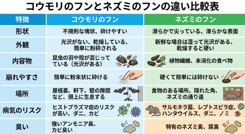 コウモリのフンとネズミのフンの見分け方比較表
