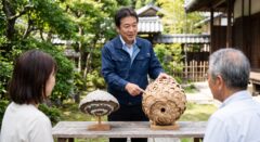 福岡の専門業者が、アシナガバチ（お椀型）とスズメバチ（ボール型）の巣のサンプルを使って特徴の違いを解説する様子