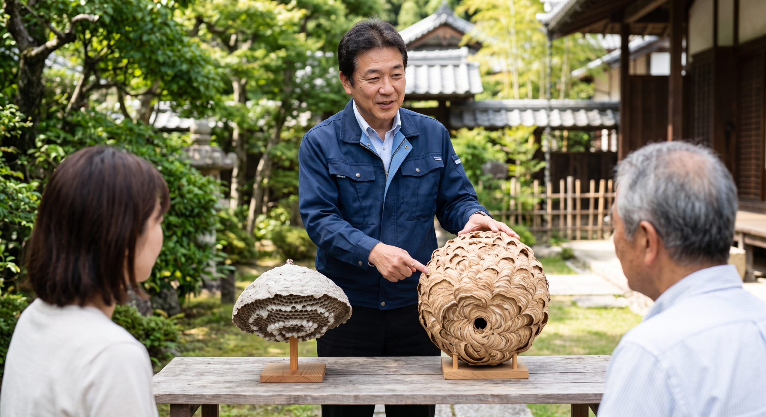 福岡の専門業者が、アシナガバチ(お椀型)とスズメバチ(ボール型)の巣のサンプルを使って特徴の違いを解説する様子