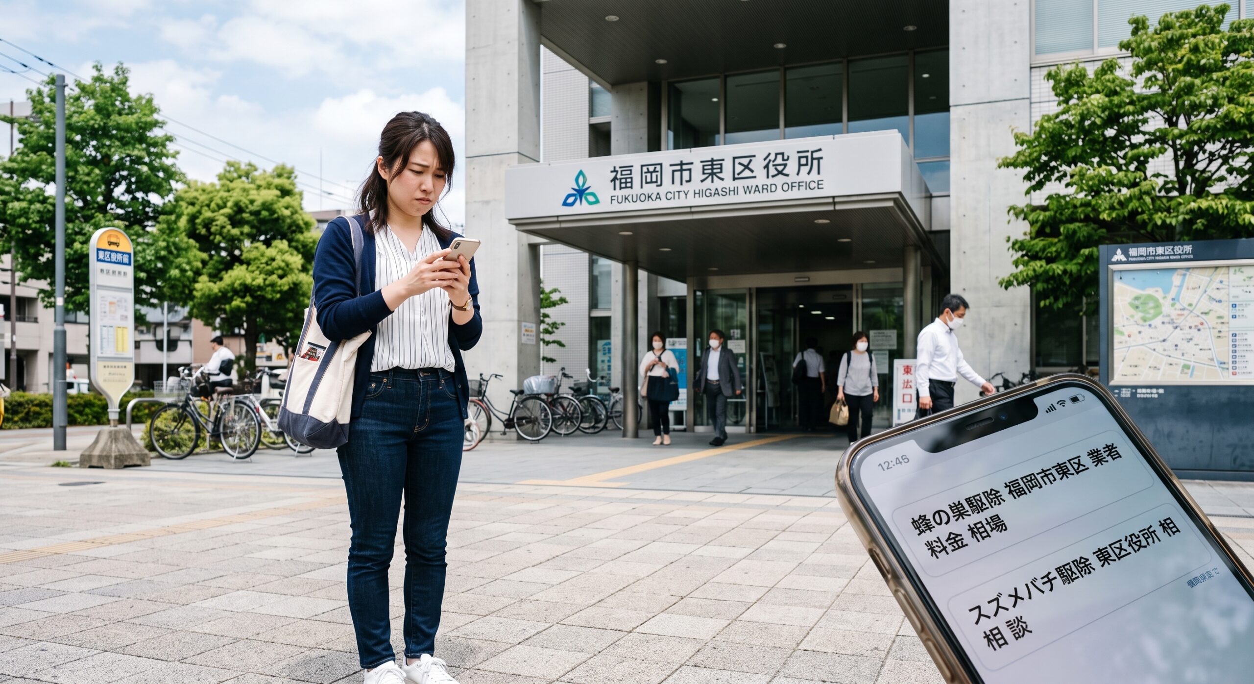 福岡市東区役所の前で、蜂の巣駆除について不安げにスマートフォンで検索する日本人の女性