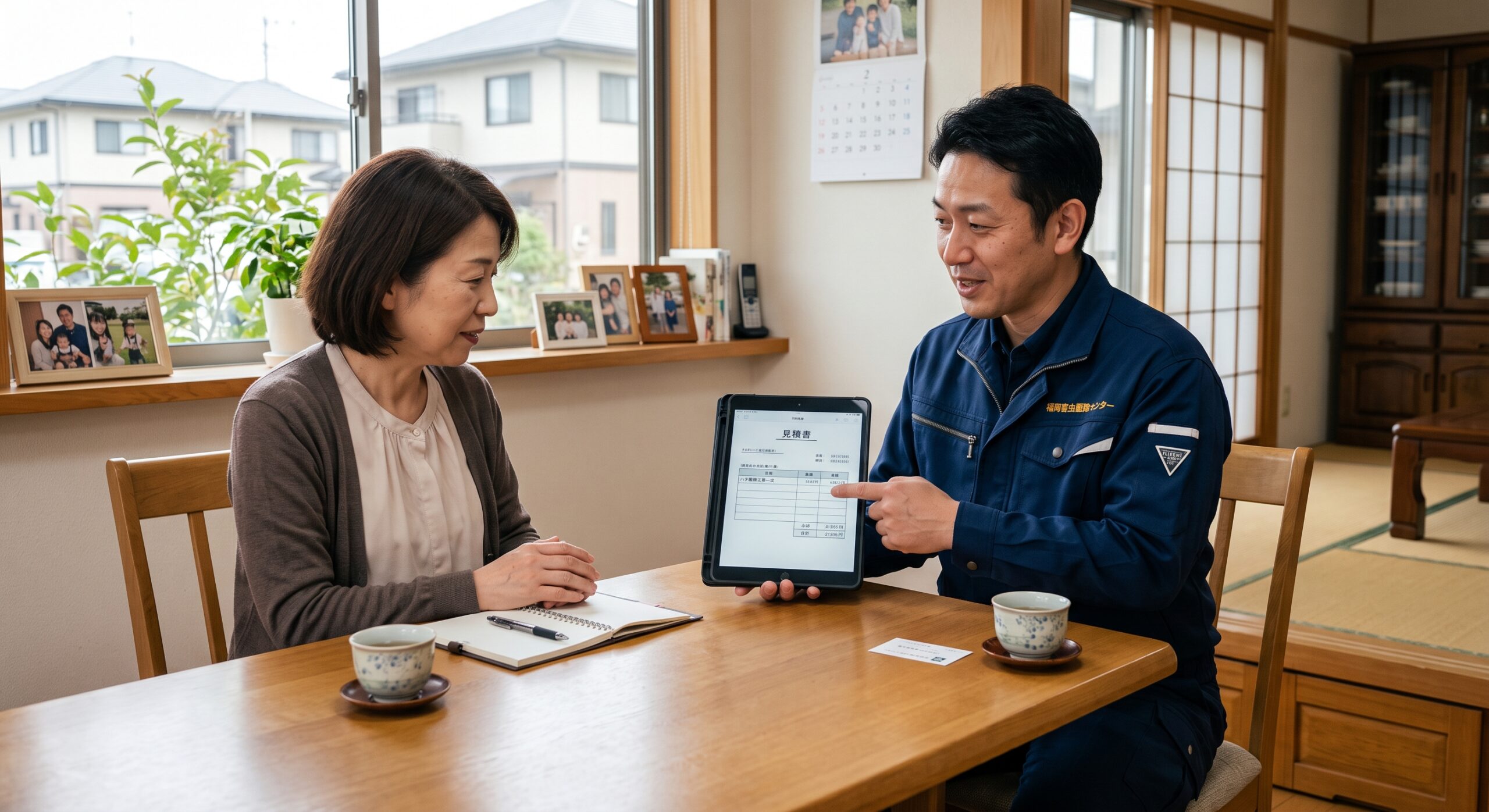 福岡市東区の住宅で、日本人の駆除業者が依頼主にタブレットで見積書を提示し丁寧に説明する様子