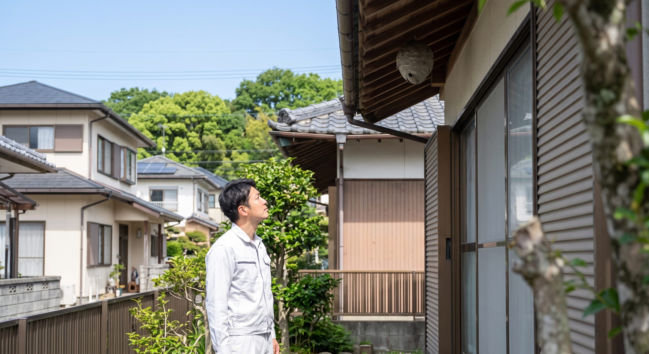 福岡市東区の住宅で、白い服を着た日本人の男性が安全な距離から自宅の軒下にできたハチの巣を静かに確認する様子