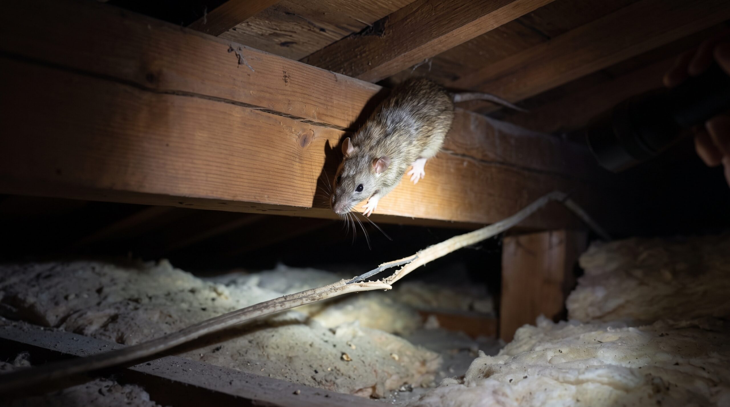 新宮町の住宅の天井裏で、ライトに照らされたクマネズミ(Roof Rat)と、かじられた古い電気配線。被害の実態と火災リスクを示す。