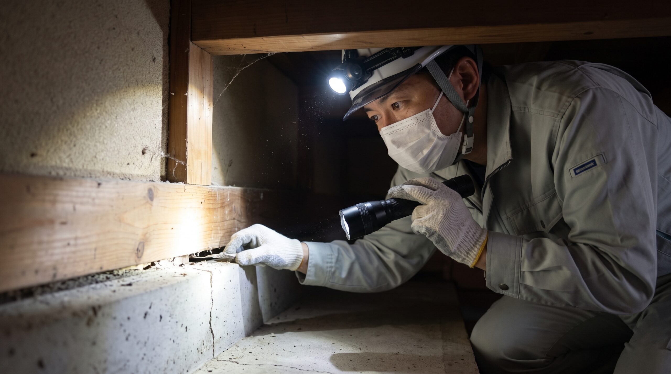 新宮町の住宅床下で、ヘッドライトとライトを使い、基礎の隙間や侵入経路を綿密に調査する、専門作業着を着た日本人のネズミ駆除作業員。専門性と徹底調査を強調。