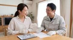 新宮町の住宅のリビングで、笑顔の日本人のネズミ駆除専門スタッフ（専門的なユニフォーム着用、image_2.pngの作業員と同一人物）が、タブレットや書類を使い、日本人女性（主婦、image_0.pngの女性と同一人物）に見積もり内容や再発保証制度について説明している様子。女性は安心した表情。信頼と専門的なアドバイスを強調。