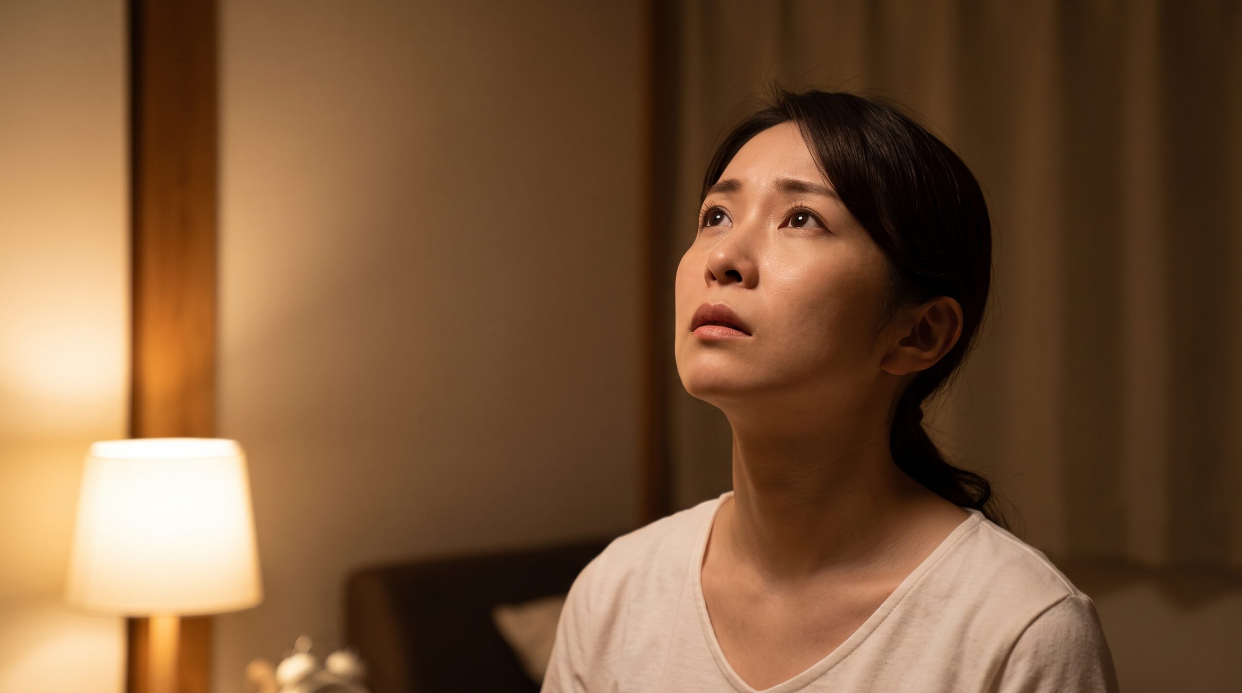 夜、新宮町の自宅で天井を見上げ、天井裏からのネズミの足音を不安げに聞く日本人女性。