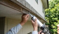 宗像市赤間の住宅軒下で、わずかな隙間（侵入口）を金網とコーキング剤でミリ単位で塞ぐ専門業者の精密な施工の様子。