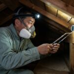 宗像市の住宅屋根裏で、ヘッドランプと点検鏡を使いアブラコウモリの群れを調査する防護服姿の専門業者。