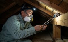 宗像市の住宅屋根裏で、ヘッドランプと点検鏡を使いアブラコウモリの群れを調査する防護服姿の専門業者。
