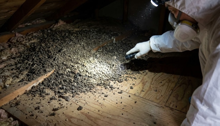 住宅屋根裏に大量に蓄積した、パサパサで崩れやすいコウモリのフン(グアノ)を指し示す防護手袋を着用した専門業者の手元。