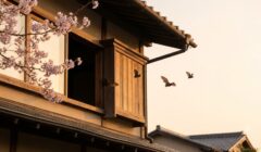 春の夕暮れ、日本家屋の戸袋から飛び立つコウモリと、軒先に咲く桜。