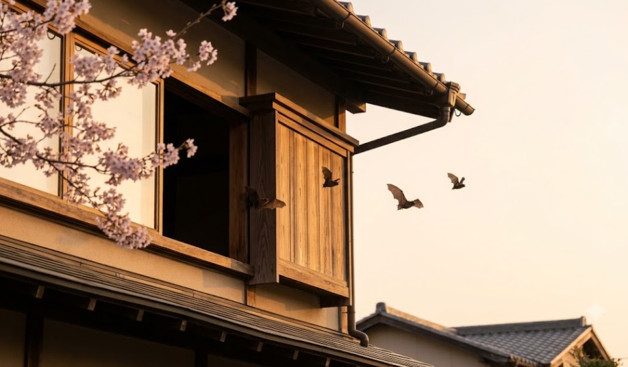 春の夕暮れ、日本家屋の戸袋から飛び立つコウモリと、軒先に咲く桜。
