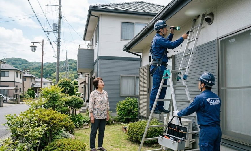 豊前市で住宅外壁のコウモリ侵入口調査を行う専門業者と、立ち会う女性住人の様子