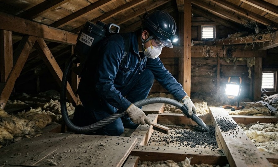 住宅の屋根裏(天井裏)で、マスクを着用し、専用掃除機を使ってコウモリの糞を清掃する専門スタッフ