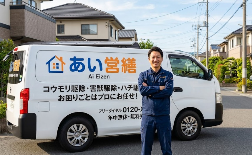 豊前市の住宅街で、サービスカー(白のバン)の前に立つ、笑顔で信頼感のある「あい営繕」のコウモリ駆除スタッフ