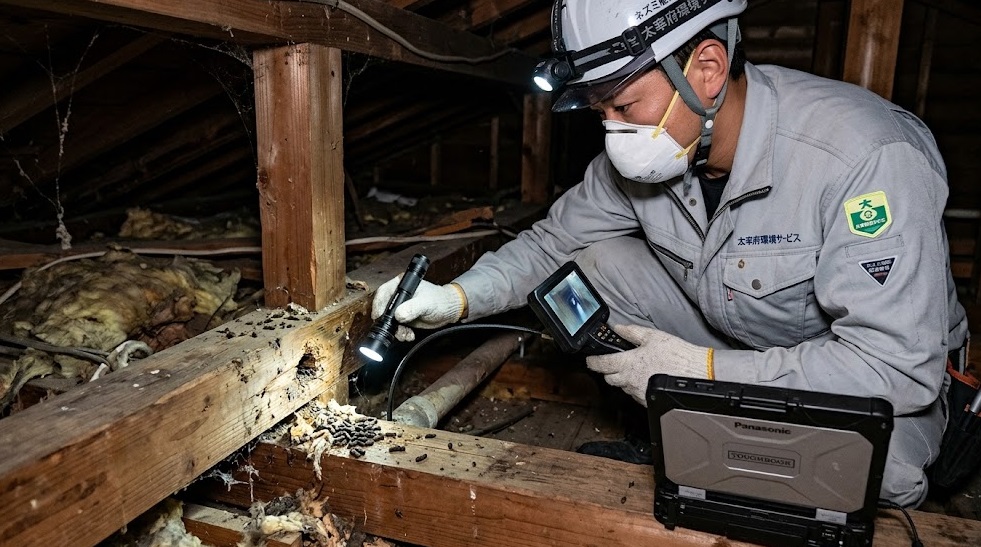 太宰府市の住宅でネズミの被害状況と侵入経路を詳しく調査する日本人スタッフの様子