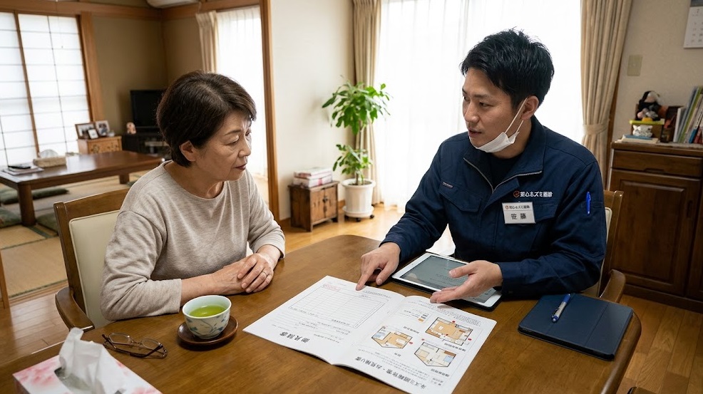調査結果と見積もりの内容を顧客に丁寧に説明する日本人のネズミ駆除スタッフ