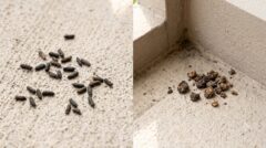 ベランダの床に落ちている、ネズミのフンとコウモリのフンの見た目と落ち方の違いを比較する写真。アジア人女性が少し離れた場所から観察している。