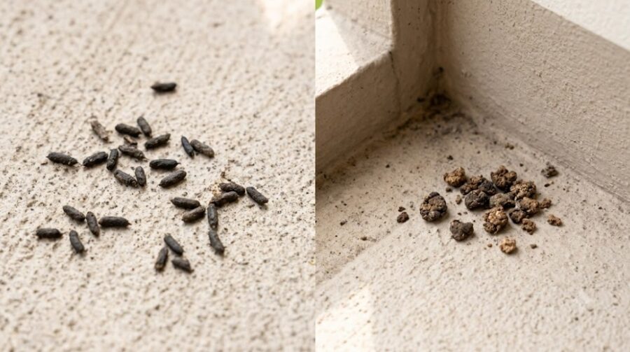 ベランダの床に落ちている、ネズミのフンとコウモリのフンの見た目と落ち方の違いを比較する写真。アジア人女性が少し離れた場所から観察している。