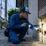 福岡市の住宅街で、家の基礎部分にあるネズミの侵入口となる隙間を懐中電灯で真剣に点検する日本人専門業者スタッフの様子。