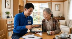 清潔な日本住宅のリビングで、タブレットに写した屋根裏の点検写真を指差しながら、日本人年配女性にネズミ駆除の状況を丁寧に説明する優良業者のスタッフ。信頼と安心感を与える。
