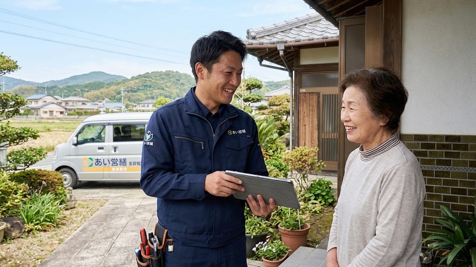福岡県福津市で、笑顔で顧客の女性と話す害獣駆除業者「あい営繕」の日本人スタッフ。