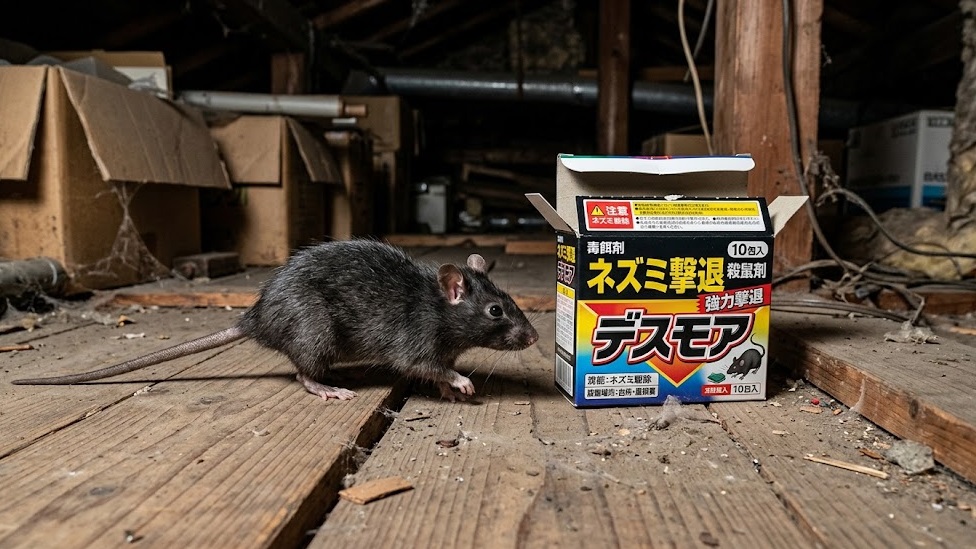 市販の殺鼠剤(毒エサ)を無視して、その横を通り過ぎるスーパーラット(クマネズミ)。